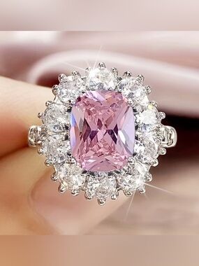 Silver Pink Cubic Zirconia Halo Ring